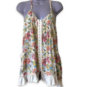Free People Floral Swing Tank Printed Pintuck Ruffle Pocket Tunic Top New